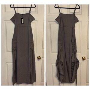 NWT Standard Issue NYC Sz L Grey Parachute Ruched Maxi Dress Pockets Adjustable